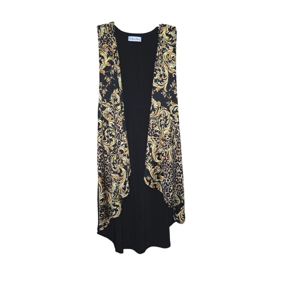 Southern Charm Black/Tan/Gold ONE SIZE FITS ALL (SMALL TO 2X/3X) Vest‎ Cardigan